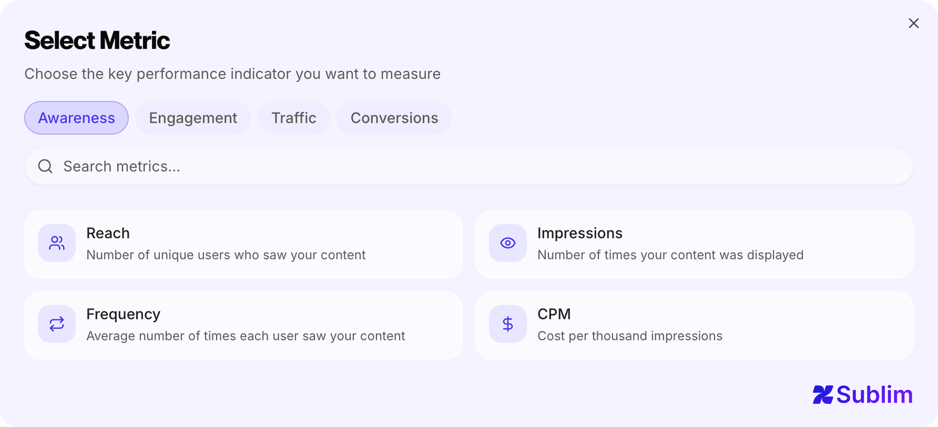 Awareness goal metrics in Sublim