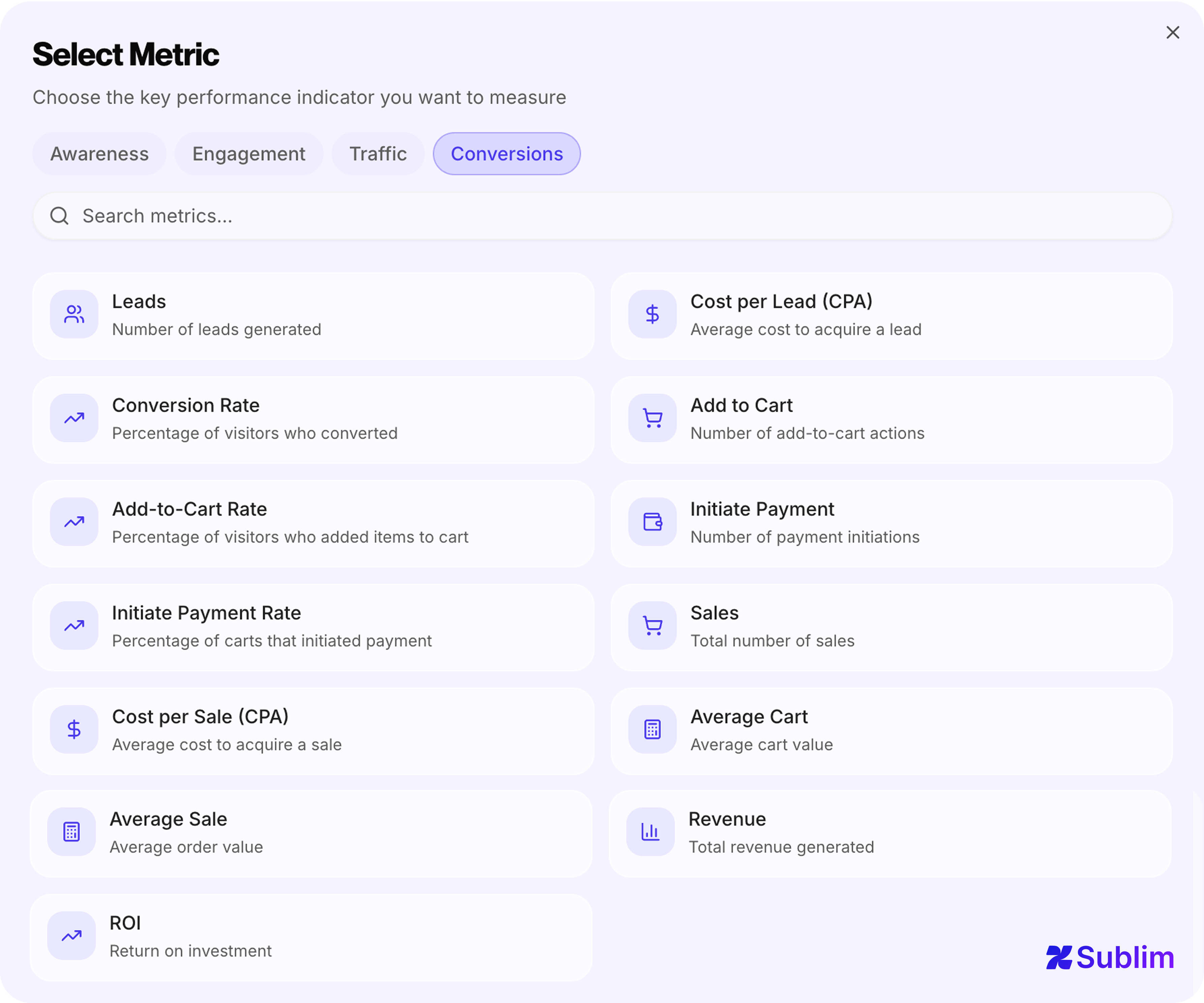 Conversion goal metrics in Sublim