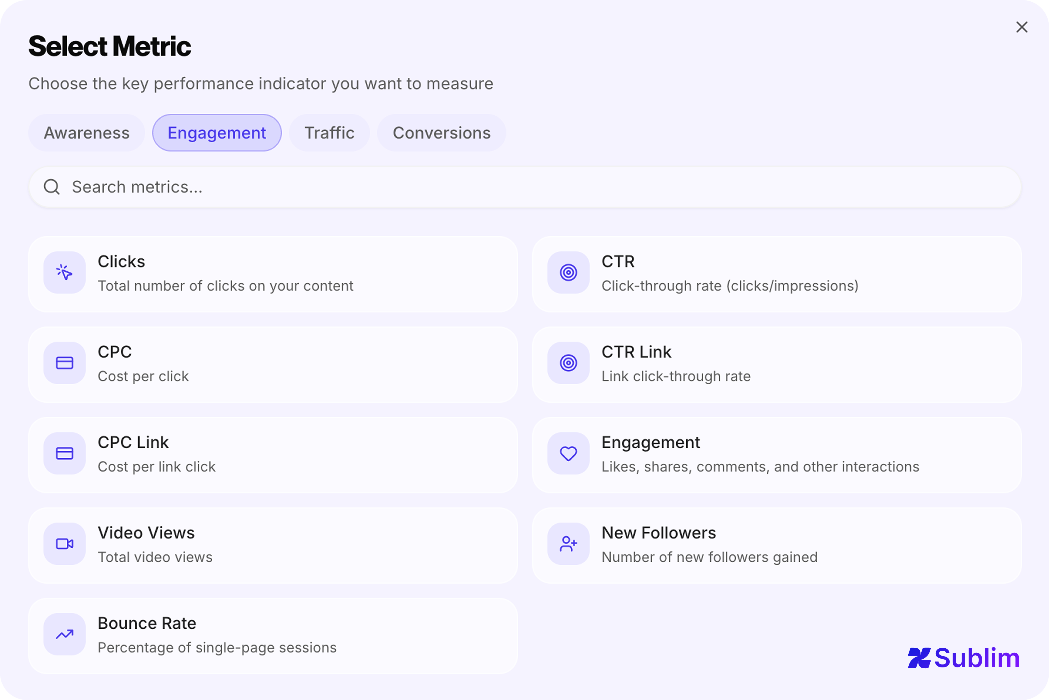 Engagement goal metrics in Sublim